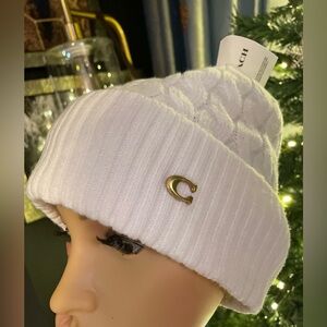 Coach White Knit Beanie with Gold Logo